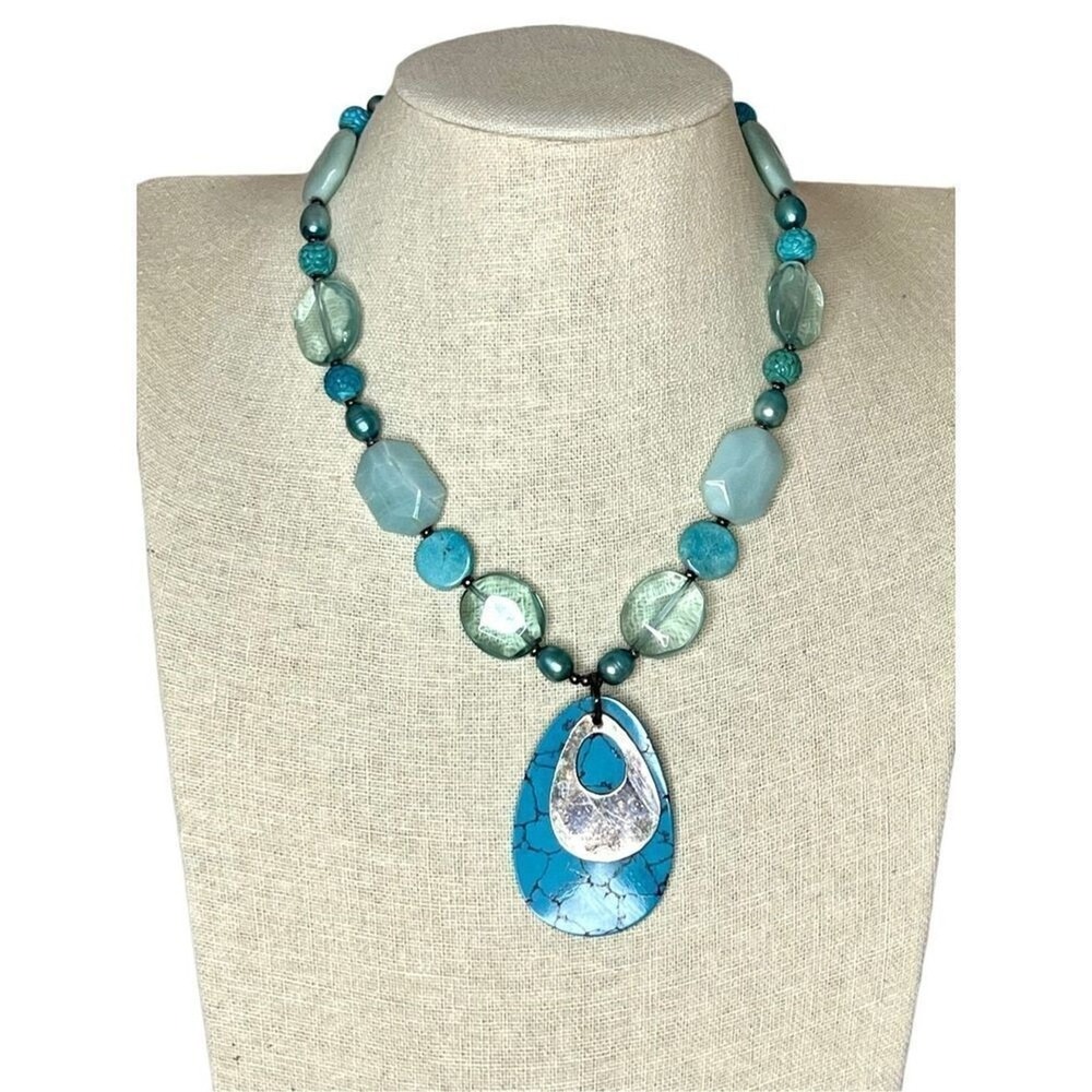 Artisan Silver 925 Amazonite Crystal, Pearl,‎ Faux Turquoise Statement Necklace